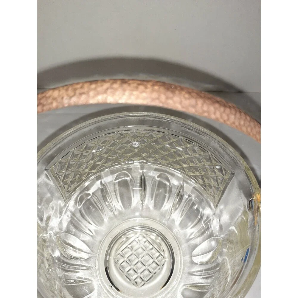Vtg Barware Glass Ice Bucket Diamond w/Rustic Hammered Metal Handle
